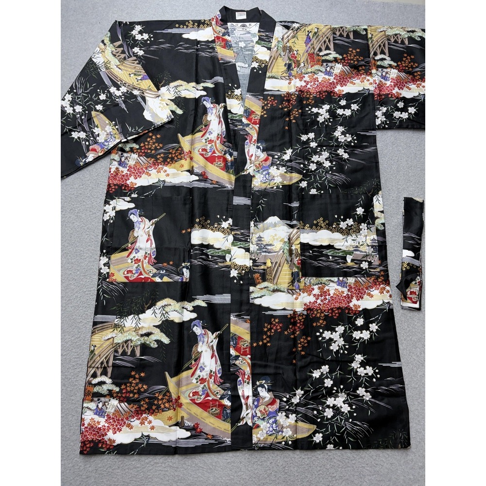 Oriental Bazaar Kimono Robe Womens XL Black Cotton Belted Floral Scenic Print - Picture 5 of 14